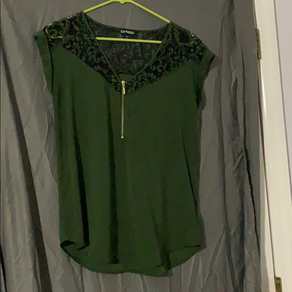 Dark green short sleeve blouse with lace detail